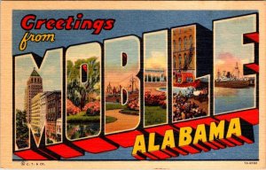 AL, Alabama  MOBILE LARGE LETTER LINEN Greetings  ca1940's Curteich Postcard