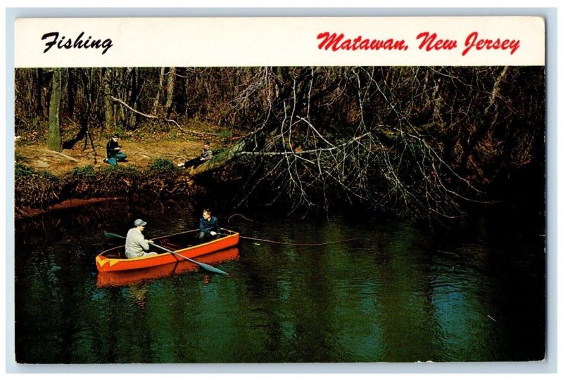 1967 Fishing Canoe Boat Paddle River Matawan New Jersey Vintage Antique Postcard
