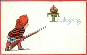 Gibson Thanksgiving Little Boy with Rifle Sneaks Up on Turkey c1910 Postcard