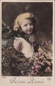 RP: NEW YEAR, 1900-10s; Bonne Annee Portrait of Little Girl among flowers