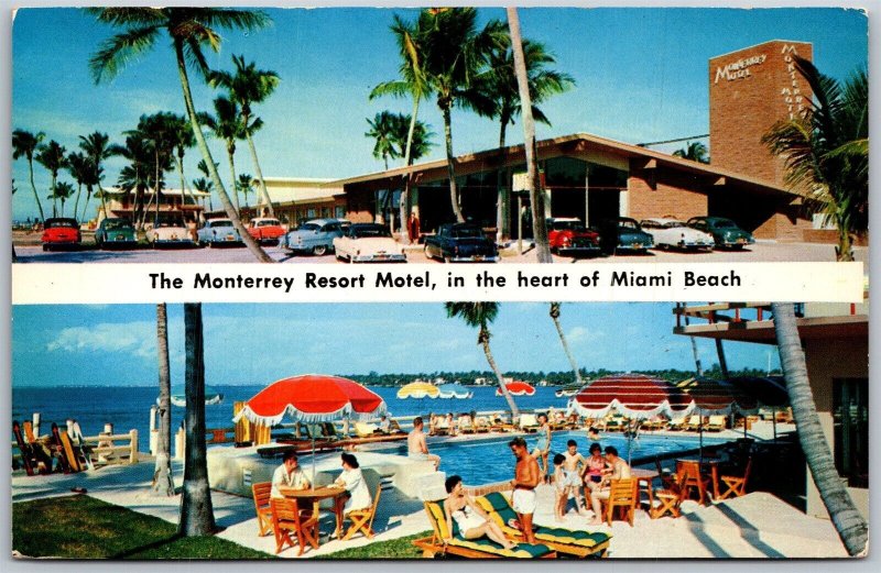 Vtg Miami Beach Florida FL Monterrey Resort Motel Old Cars Pool 1950s Postcard
