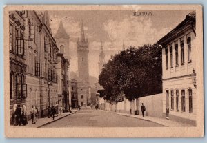 Klatovy Czech Republic Postcard Street People Buildings View c1930's Vintage