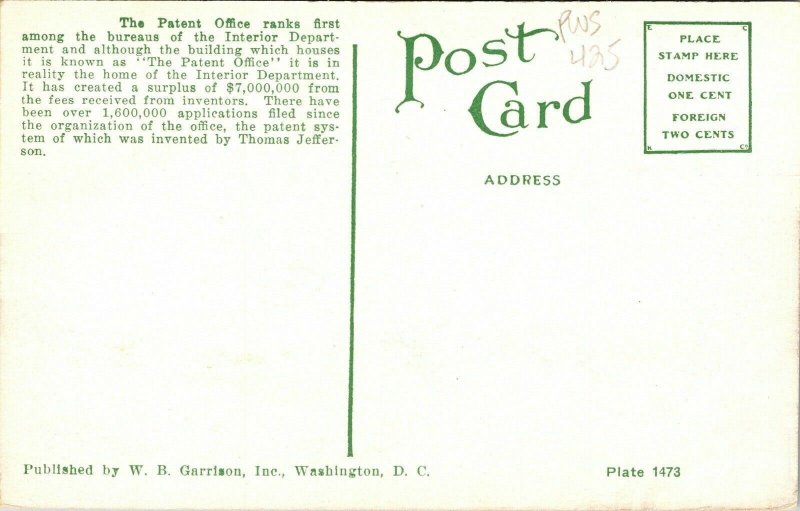 US Patent Office Washington DC Vintage Postcard Interior Department Garrison Vtg 