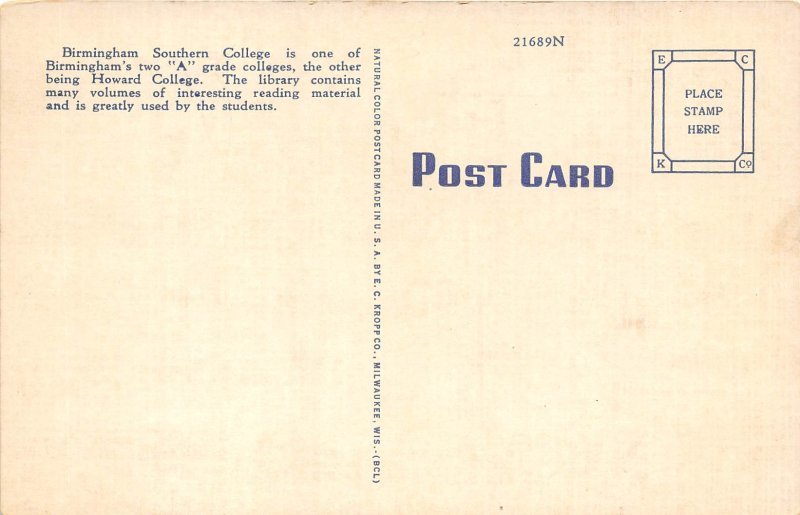 Birmingham Alabama 40-50s Postcard Library Southern College