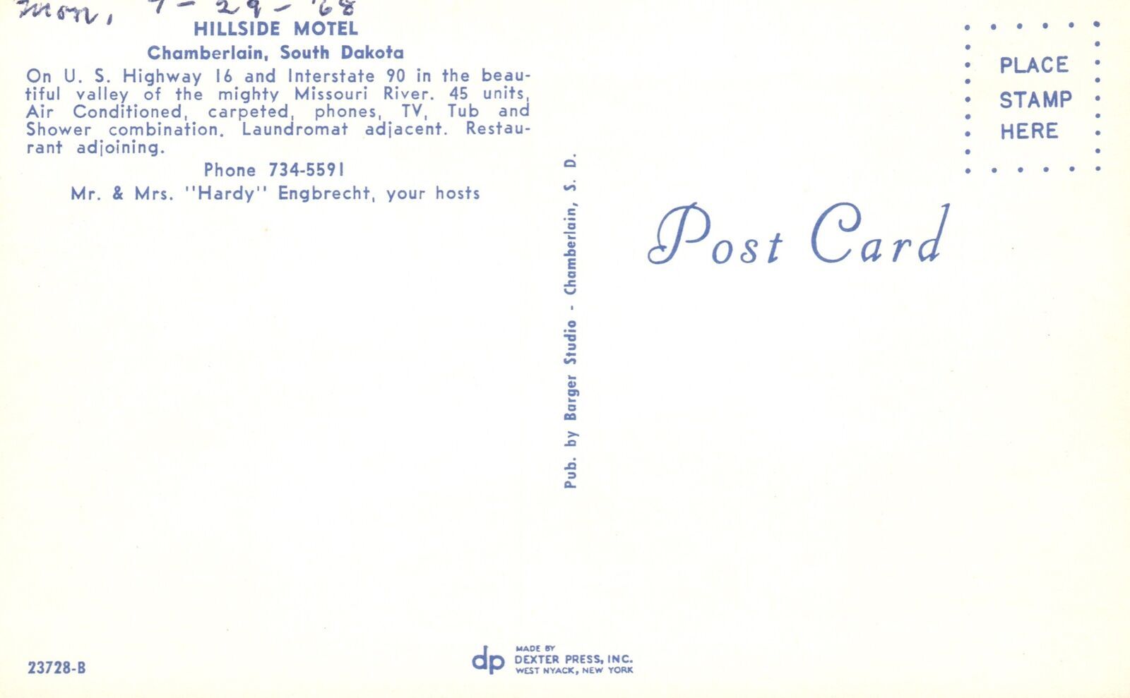 Vintage Postcard Hillside Motel Steakhouse Restaurant Chamberlain South