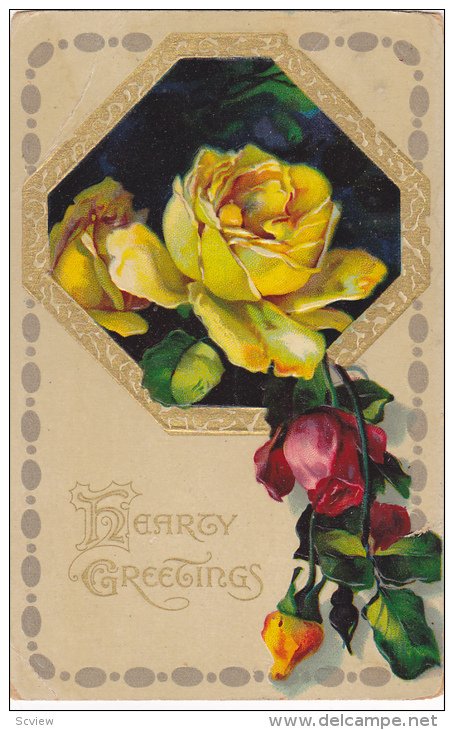 Hearty Greetings, Yellow, Red and Orange Roses, gold detail, PU-1911