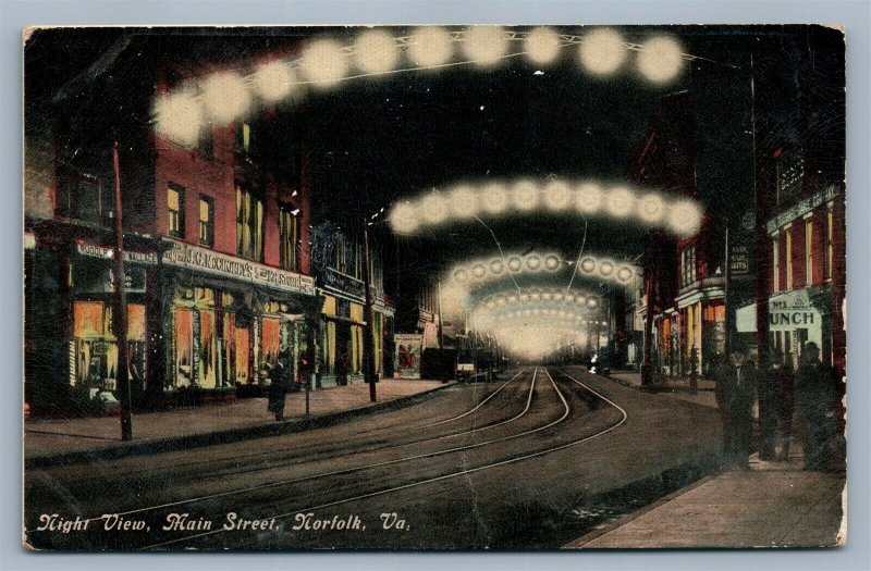 NORFOLK VA MAIN STREET NIGHT VIEW ANTIQUE POSTCARD