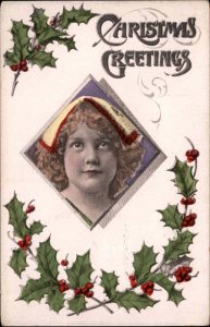 Christmas Cute Little Girl Holly Border c1910 Vintage Postcard