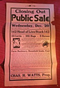 1930's Auction Broadside Farm Auction Public Sale Elmore MN Dust Bowl Era 11x18