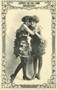 Postcard S78. Women in Short Dresses of Leaves, Suppose Fall Came Unexpectedly?