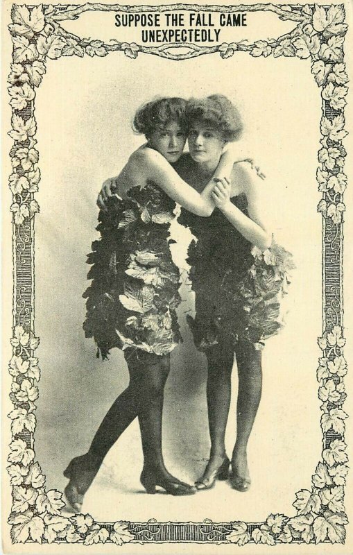 Postcard S78. Women in Short Dresses of Leaves, Suppose Fall Came Unexpectedly?