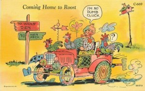 Auto Travel Chickens 1940s Comic Humor Waters Postcard Teich 6120
