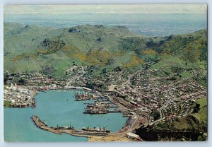 Canterbury New Zealand Postcard Lyttelton Aerial View c1950’s Vintage