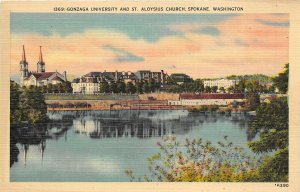 Spokane Washington 1940s Postcard Gonzaga University & St. Aloysius Church 