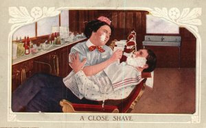 Vintage Postcard 1910 A Close Shave Woman Shaving Gentleman Barbershop