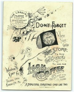 1891 Christmas Coffee Lion Trade Card Spice Woolson Victorian Kids Letter Blocks 