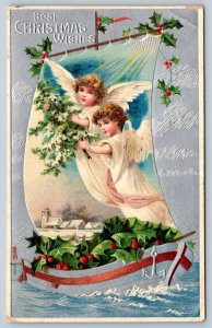 Angels, Sailboat, 1908 Christmas Postcard, Ohsweken Ontario Broken Circle Cancel