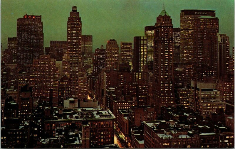 New York City Night Aerial View Postcard Dexter VTG UNP Vintage Unused Chrome 