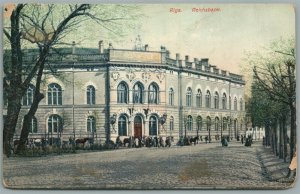 LATVIA RIGA REICHSBANK ANTIQUE POSTCARD w/ RUSSIAN IMPERIAL STAMPS