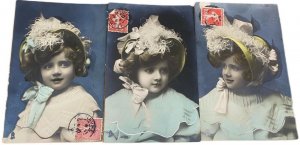 Serie 3 vintage postcards children portrait topic pretty girl doll face & hat