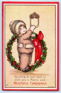 c1910's Christmas Little Girl With Wreath Berries Embossed MN Antique Postcard