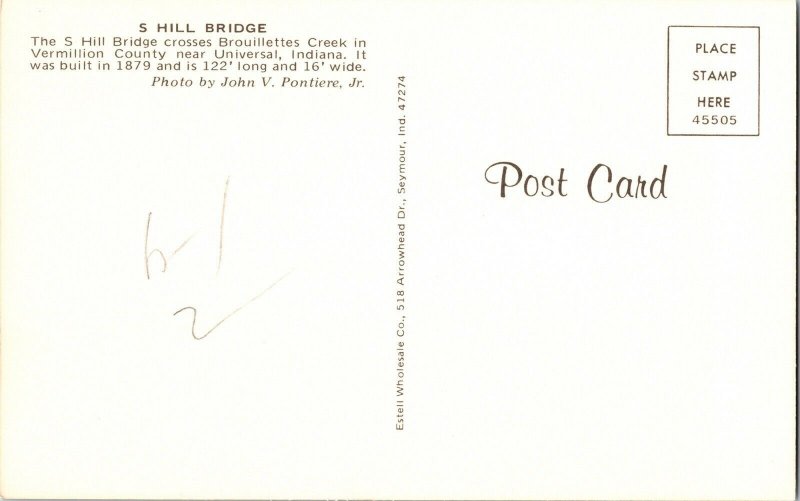 S Hill Bridge Brouillettes Creek Vermillion County Universal Indiana Postcard 