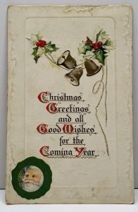 Merry Christmas Santa Bells Holly Berry 1912 to Steuben Maine Postcard F14
