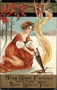 HBG New Year Woman with Bellows Fanning Fire c1910 Vintage Postcard