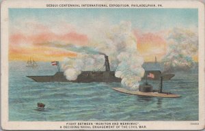 Postcard Sesqui Centennial Expo Philadelphia PA Fight Ships Monitor + Merrimac