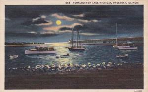 Illinois Waukegan Moonlight On Lake Michigan 1943 Curteich