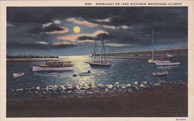 Illinois Waukegan Moonlight On Lake Michigan 1943 Curteich