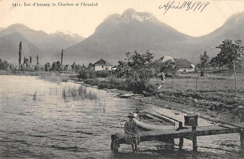 Haute Savoie France birds eye view Lake Annecy boat pier antique pc Y12063