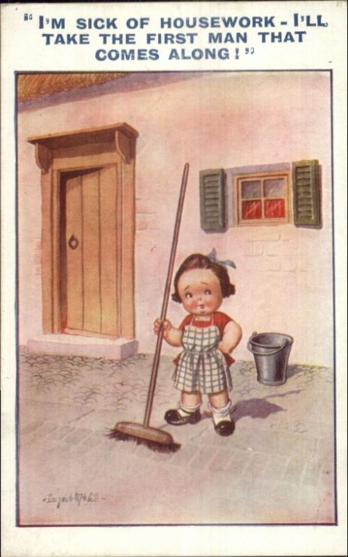 Little Girl Playing Grown-Up Sweeping w/ Broom SICK OF HOUSEWORK Postcard