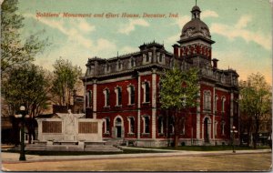 Postcard Soldiers Monument and Court House in Decatur, Indiana