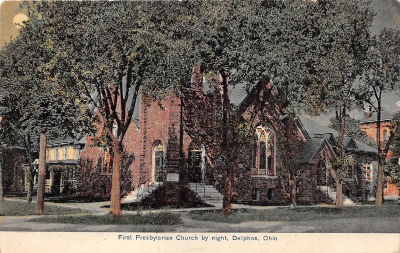 Ohio Postcard DELPHOS Allen Van Wert County 1912 FIRST PRESBYTERIAN CHURCH Night