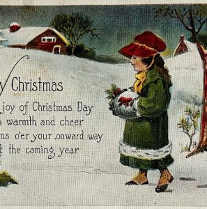 1920 A Happy Christmas Winter Scene Linen Type Postcard Posted Maine DWN10A