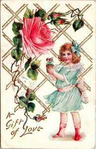 Vtg 1908 A Gift of Love Pretty Girl Fancy Dress Exaggerated Rose Postcard