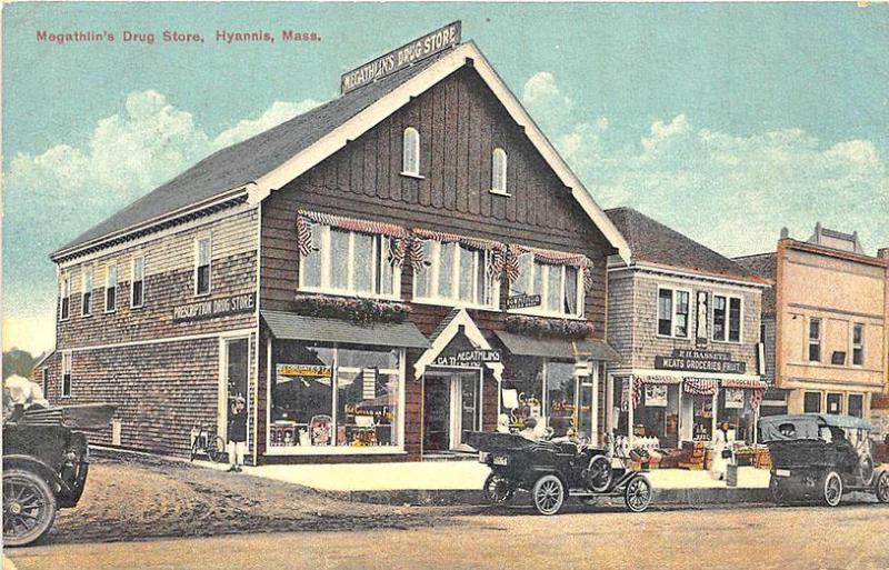 Hyannis MA Megathlin's Drug Store Grocery Store Old Cars Postcard