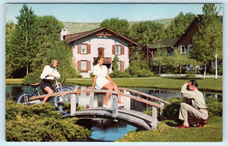 SUN VALLEY, ID Idaho  Summer Scene~BRIDGE, BIKE  c1940s  Blaine County Postcard