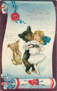 c1904 Valentine Postcard Tuck Outcault Dog Tighe, Flirt Bear in Love with a Girl