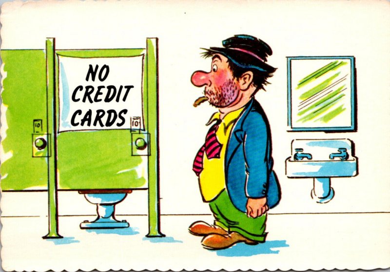 Humour Man Looking At Pay Toilet No Credit Cards