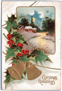 Christmas Greetings - holly bells river scene posted 1909 Gambier Ohio