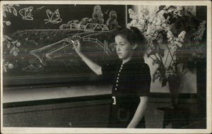 Unusual - Girl at Chalkboard Black Board Drawing Farm Real Photo Postcard