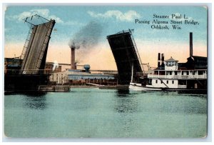 c1910 Steamer Paul Passing Algoma Street Bridge Lake Oshkosh Wisconsin Postcard