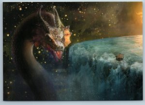 DRAGON MONSTER at Edge of World Ship Waterfall Fantasy Art Russian New Postcard