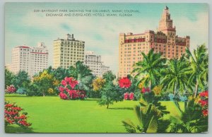 Miami Florida~Bayfront Park Showing Colonial Exchange~1940s Linen Postcard