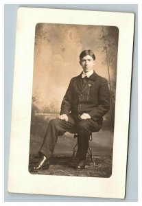 Vintage 1910's RPPC Postcard - Studio Portrait Finely Dressed Man in Bow Tie