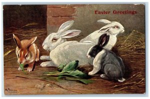 Easter Postcard Greetings Bunnies Rabbit Eating Leaf c1905 Unposted Antique