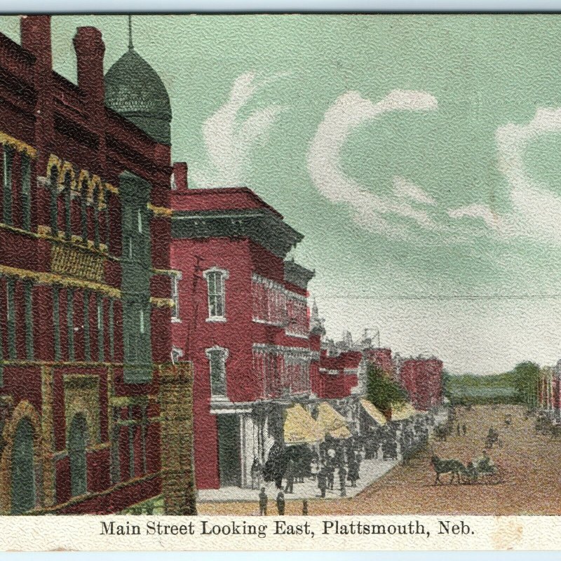 c1900s Plattsmouth, Neb. Main Street Look East Lith Photo Postcard Downtown A27 