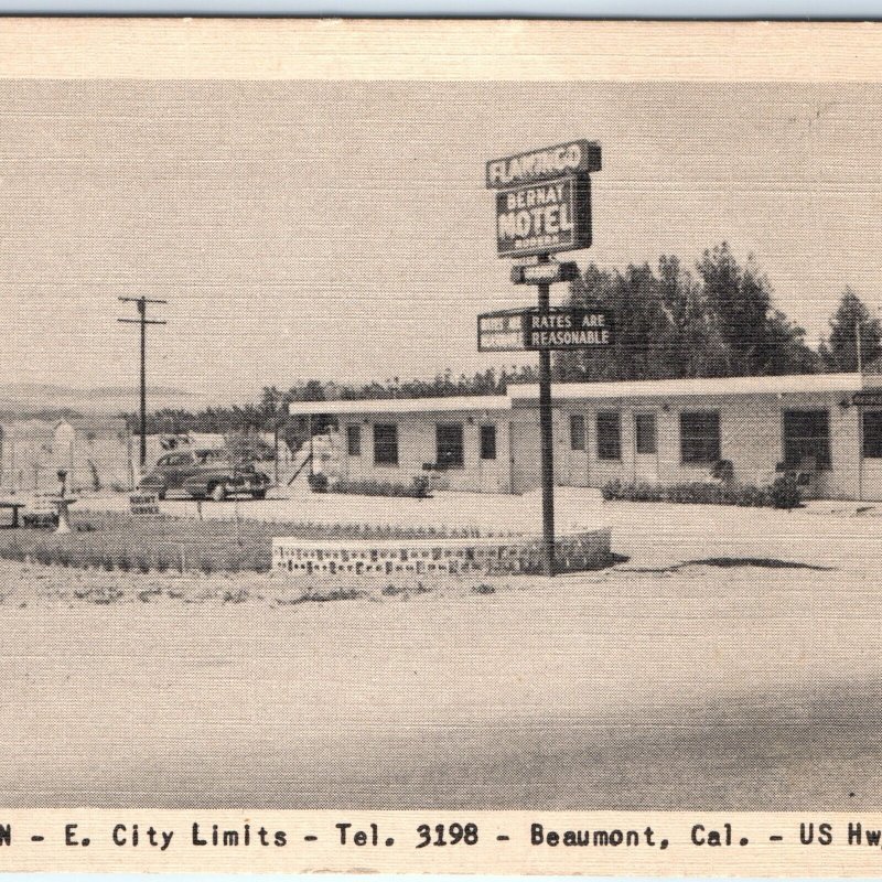 c1950s Beaumont, Cal. Flamingo Bernat Motel Postcard Hwy 99 70 60 CA A88